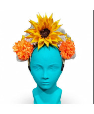 Tocado Artesanal para Catrina - Diadema con Girasol y Cempasúchil - Día de Muertos.