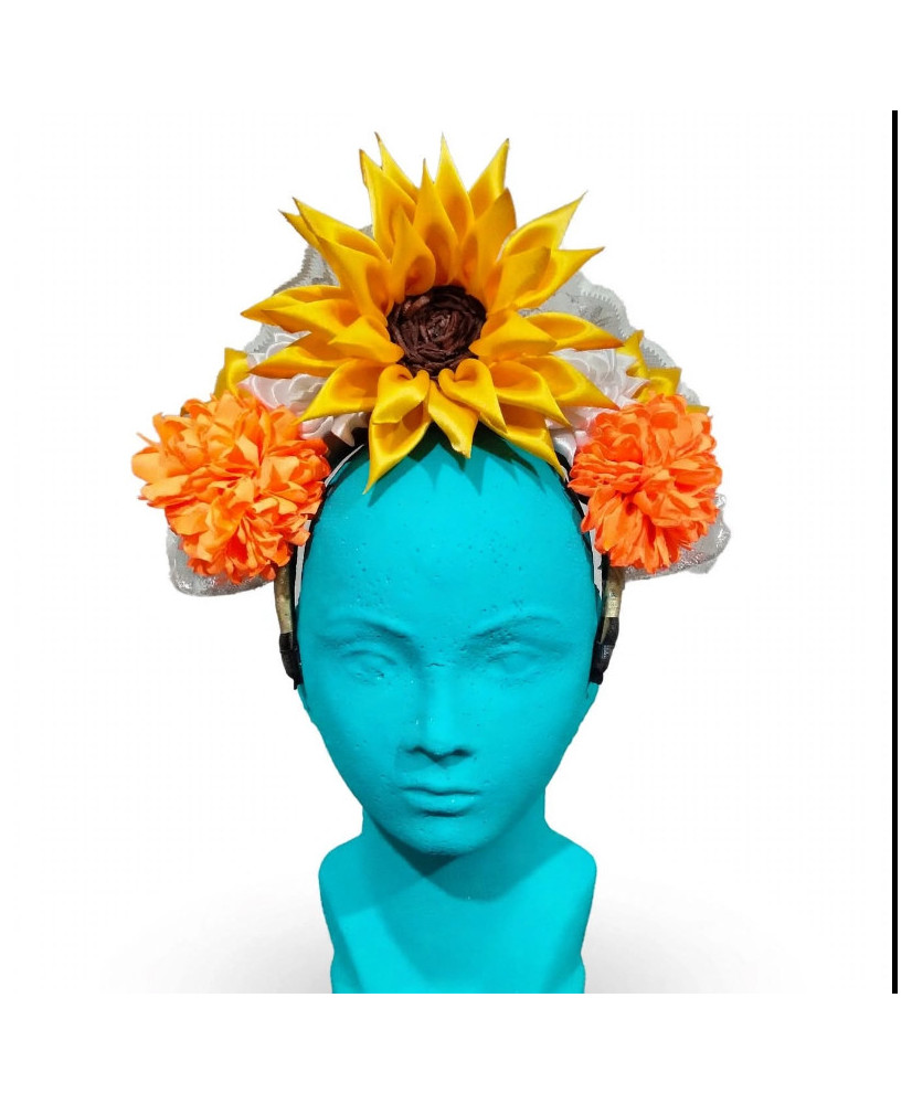 Tocado Artesanal para Catrina - Diadema con Girasol y Cempasúchil - Día de Muertos.