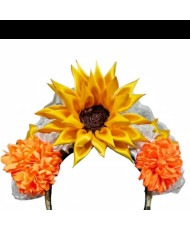 Tocado Artesanal para Catrina - Diadema con Girasol y Cempasúchil - Día de Muertos.