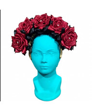 Tocado Diadema Floral para Catrina - 8 Rosas Rojas Vino con Pedrería - Artesanal.
