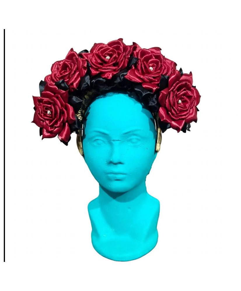Tocado Diadema Floral para Catrina - 8 Rosas Rojas Vino con Pedrería - Artesanal.