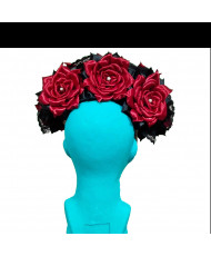 Tocado Diadema Floral para Catrina - 8 Rosas Rojas Vino con Pedrería - Artesanal.