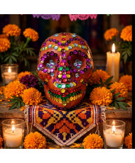 Calavera Artesanal Día de Muertos con Lentejuelas Brillantes - Decoración para Altar - Pieza Única.