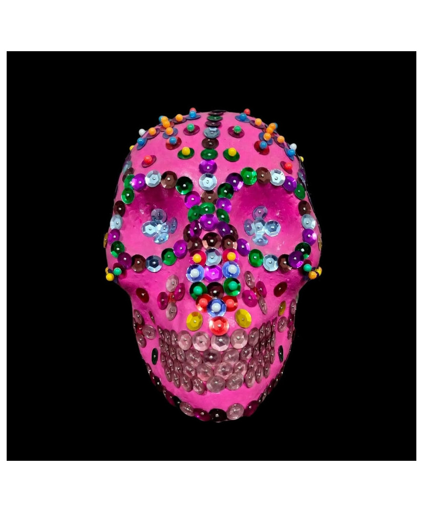 Calavera Decorativa Rosa con Lentejuelas de Colores - Artesanal para Día de Muertos.
