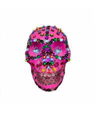 Calavera Decorativa Rosa con Lentejuelas de Colores - Artesanal para Día de Muertos.