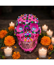 Calavera Decorativa Rosa con Lentejuelas de Colores - Artesanal para Día de Muertos.