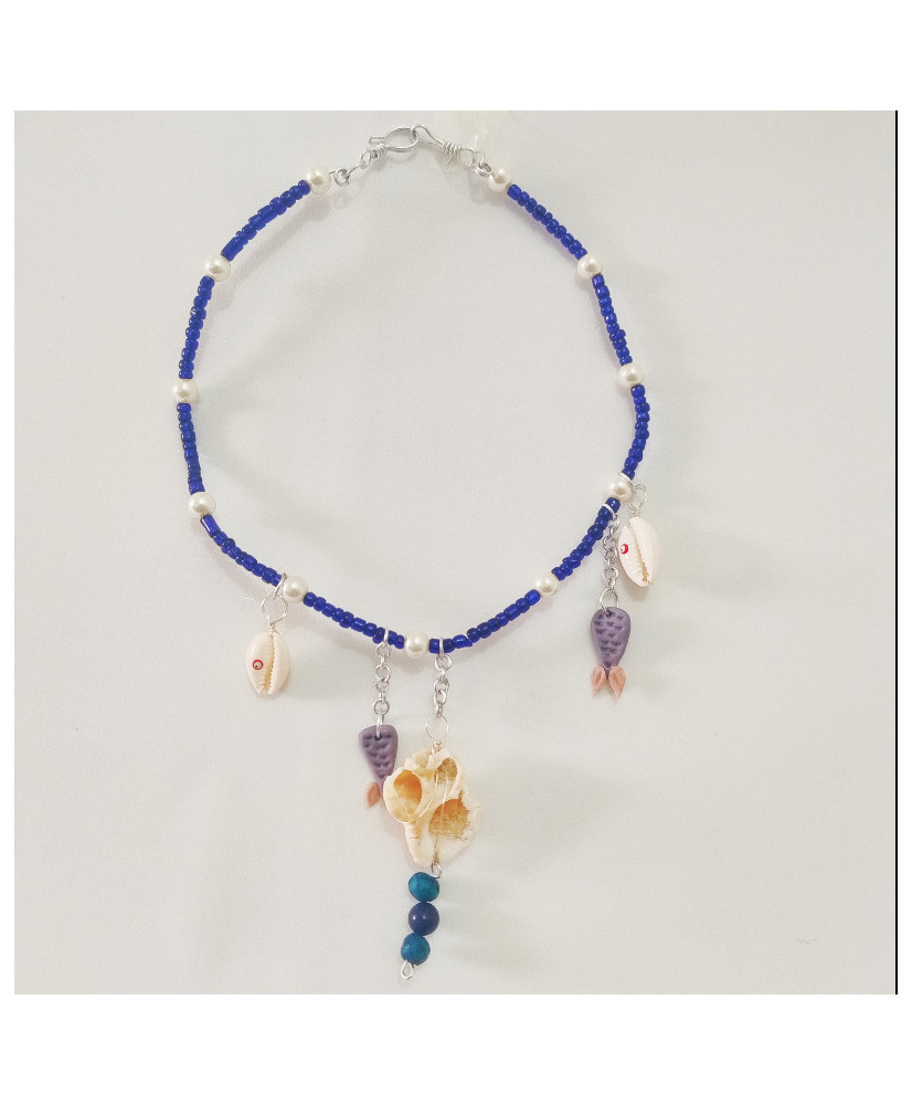 Collar de Sirena Hecho a Mano, Gargantilla Azul de Conchas con Ojo Turco