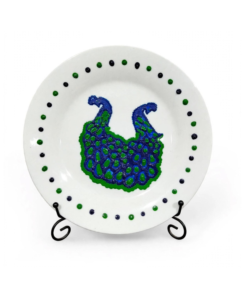 Plato Decorativo Artesanal Pintado a Mano - Diseño Pavos Reales Azul y Verde - Pieza Única 01/01 Granrey Estudiart.
