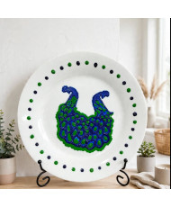 Plato Decorativo Artesanal Pintado a Mano - Diseño Pavos Reales Azul y Verde - Pieza Única 01/01 Granrey Estudiart.