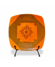 Plato Decorativo Artesanal Cuadrado Naranja Flor Mandala - Hand Painted 01/01 - Granrey Estudiart CDMX.