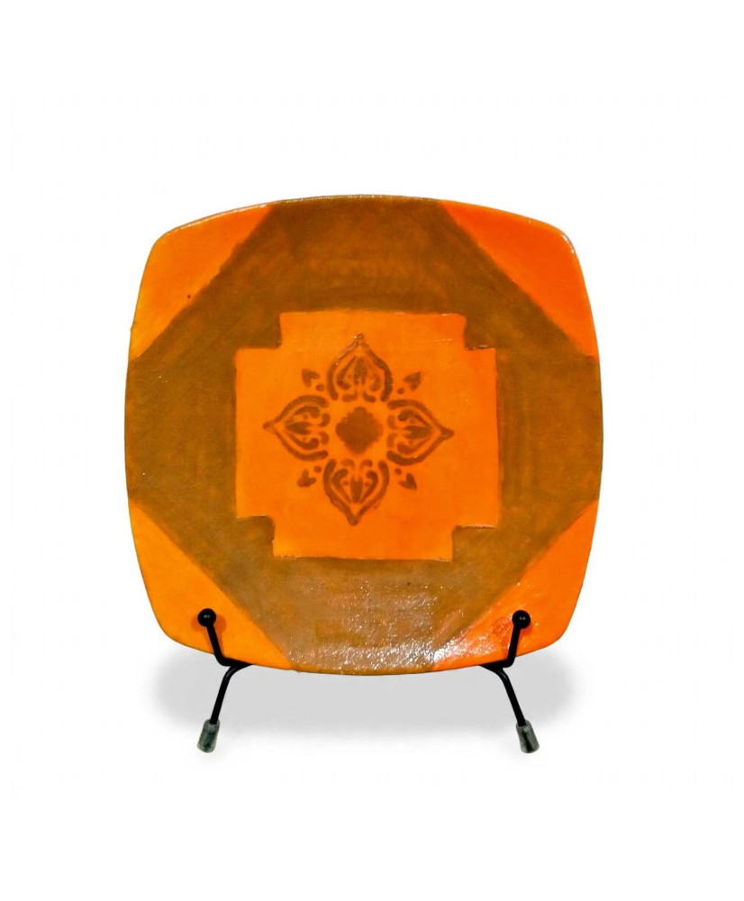 Plato Decorativo Artesanal Cuadrado Naranja Flor Mandala - Hand Painted 01/01 - Granrey Estudiart CDMX.
