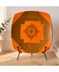 Plato Decorativo Artesanal Cuadrado Naranja Flor Mandala - Hand Painted 01/01 - Granrey Estudiart CDMX.