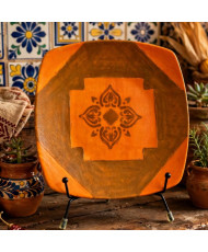 Plato Decorativo Artesanal Cuadrado Naranja Flor Mandala - Hand Painted 01/01 - Granrey Estudiart CDMX.