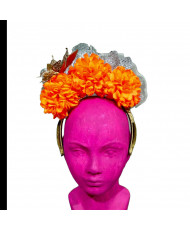 Diadema Tocado Cempasúchil Naranja con Mariposa Dorada - Día de Muertos / Catrina.