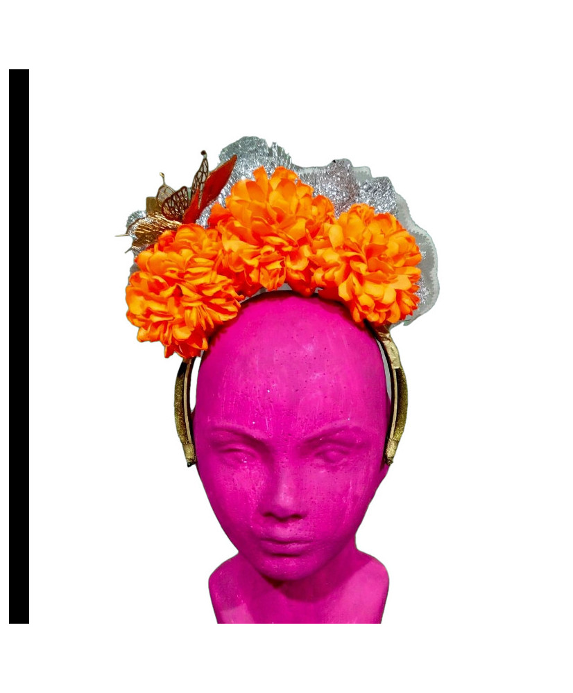 Diadema Tocado Cempasúchil Naranja con Mariposa Dorada - Día de Muertos / Catrina.