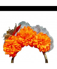 Diadema Tocado Cempasúchil Naranja con Mariposa Dorada - Día de Muertos / Catrina.