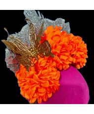 Diadema Tocado Cempasúchil Naranja con Mariposa Dorada - Día de Muertos / Catrina.