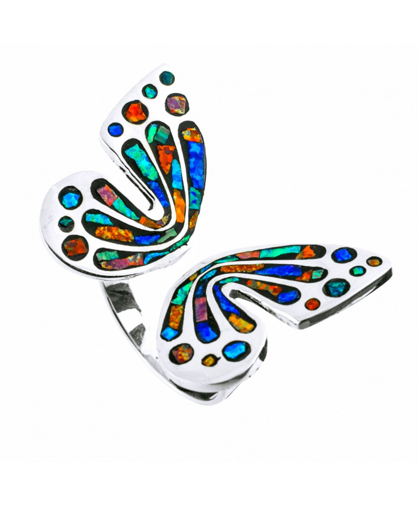 Anillo Ajustable Mariposa Puntos Plata con Ópalos Multicolor 