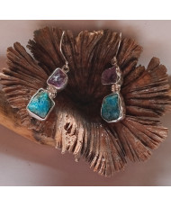 Aretes de arillo con piedras naturales apatito y amatista, hechos a mano de plata ley .925